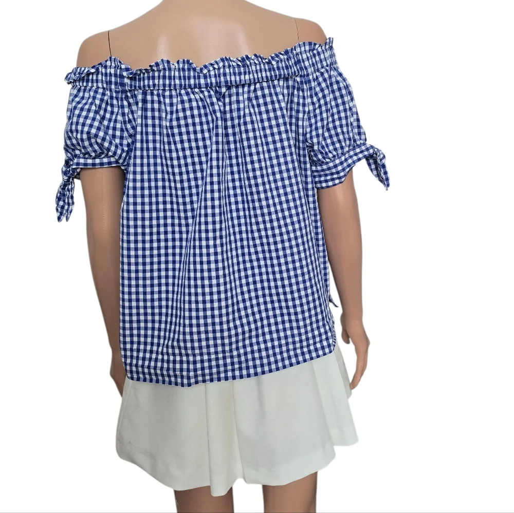 J.Crew Off the Shoulder Top in Gingham Blue Sapphire White Cotton Tie Knots